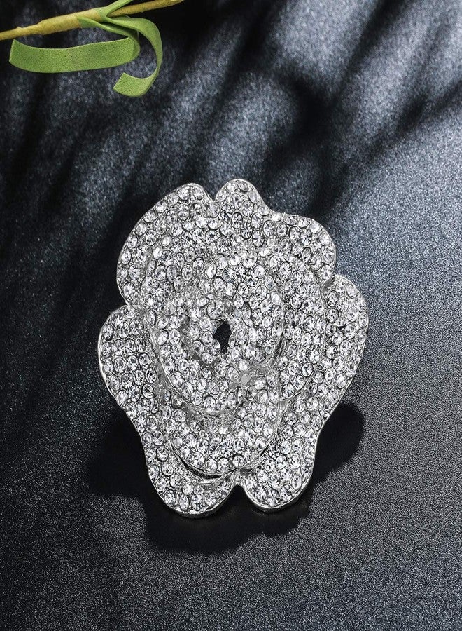 MEEDOZ White Gold Plated Women's Crystal Rhinestone Rose Flower Shape Brooch Pins for DIY Bridal Wedding Bouquet (Silver) - Image 5